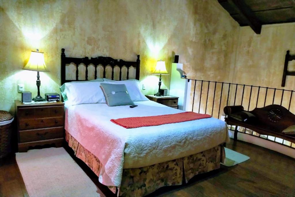 Villas Emekarsa, Antigua في أنتيغوا غواتيمالا: غرفة نوم بسرير كبير وموقف ليلتين