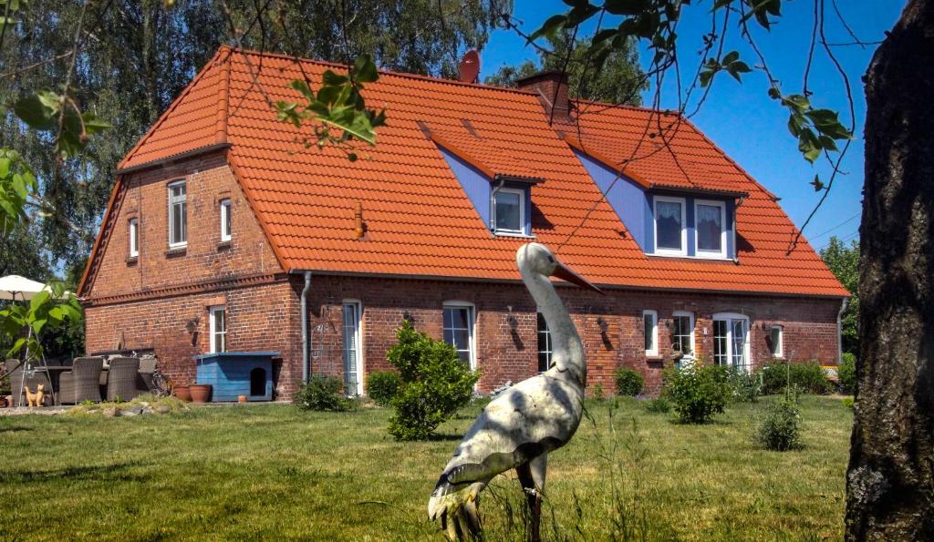 a large bird standing in front of a house at Ferienwohnung Thien in GroÃŸ Niendorf