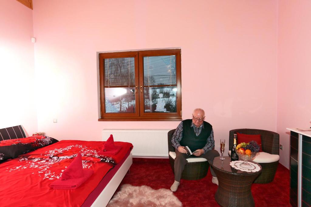 a man sitting in a room with a bed at Pension Sunset Mezirolí in Nová Role
