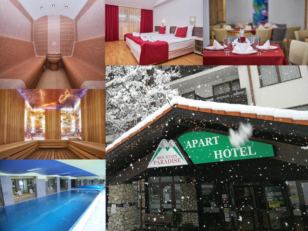 a collage of photos of a hotel with a resort at Mountain Paradise by the Walnut Trees - Free wellness in Bansko