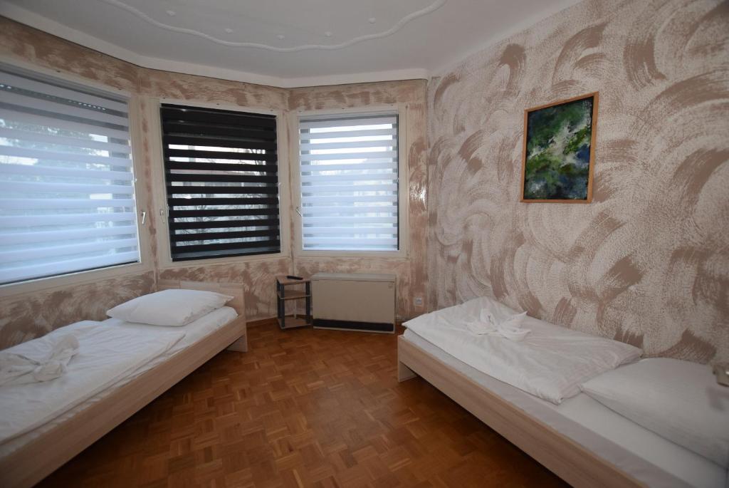 - 2 lits dans une chambre avec 2 fenêtres dans l'établissement Apartment Bad Canstatt, à Stuttgart