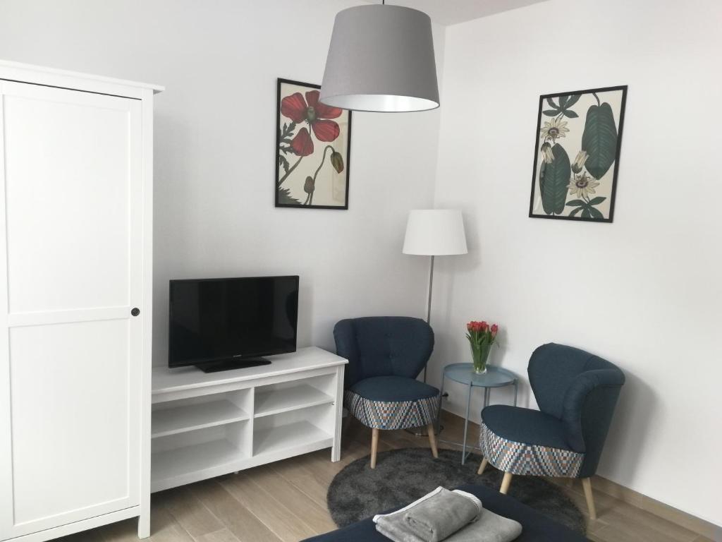 uma sala de estar com duas cadeiras azuis e uma televisão em Apartament Parkowy em Duszniki Zdrój