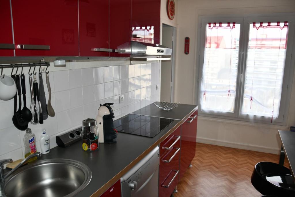 a kitchen with red cabinets and a stainless steel sink at Appartement Le Grand Parc in Châteauroux