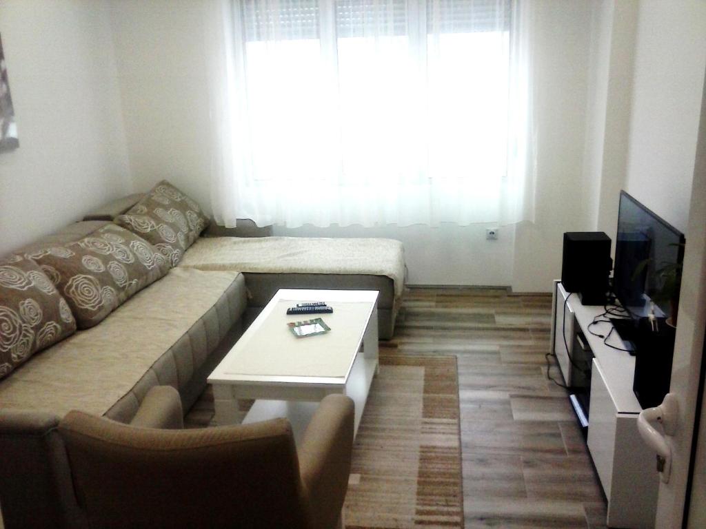 a living room with a couch and a coffee table at Apartman Veljic in Niš