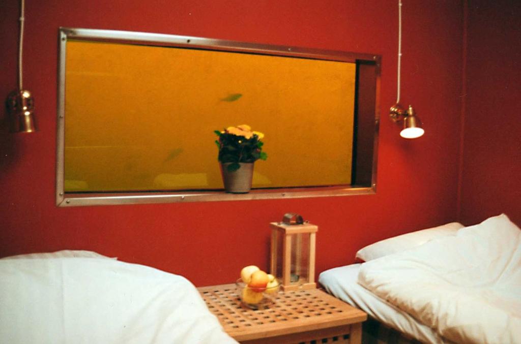 Cette chambre comprend deux lits et une fenêtre avec une plante. dans l'établissement Utter Inn, à Västerås