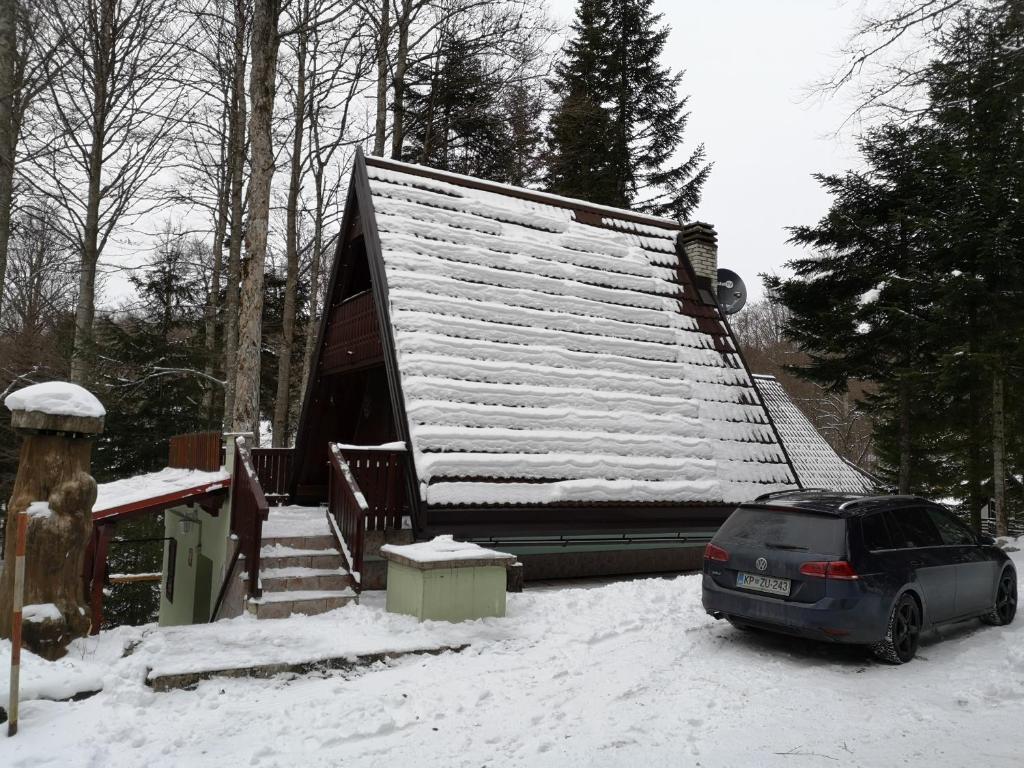 un coche aparcado frente a una casa en la nieve en KOČA PLANIKA, SVIŠČAKI, en Ilirska Bistrica