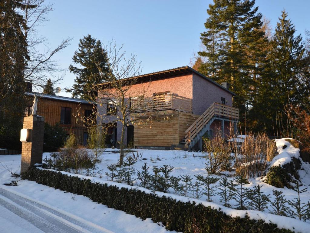 a house in the snow with a dog in front of it at Großes Ferienhaus fuer 8 Personen, Manderscheid in Manderscheid