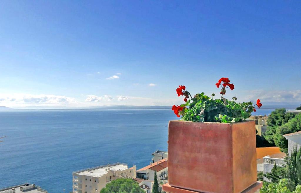 een bloempot met rode bloemen bovenop een gebouw bij Fantastico studio, vista mare, 5mn dalla spiaggia - Casa ArteVida in Roses