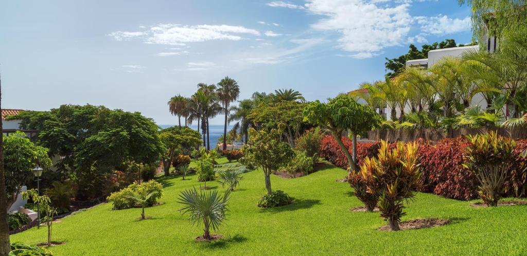 a park with palm trees and grass and a building at Hotel Jardín Tecina in Playa de Santiago