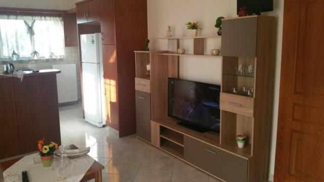 een woonkamer met een televisie en een keuken bij Areti Apartment in Souda