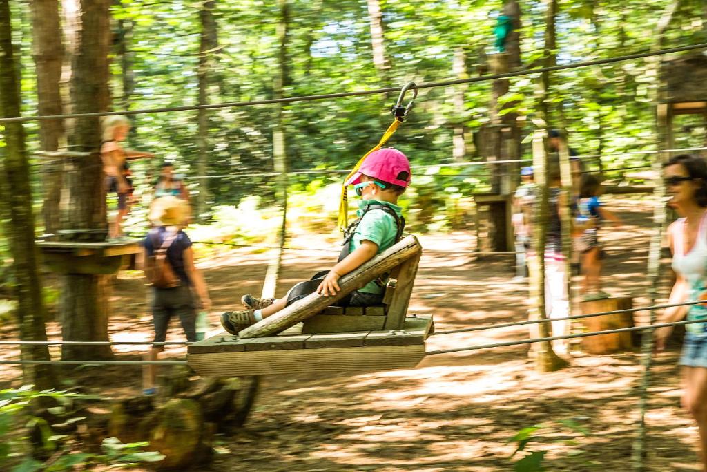 a young child riding on a zip line in the forest at Les Ecolodges de l&#39;Orbière in Forcé