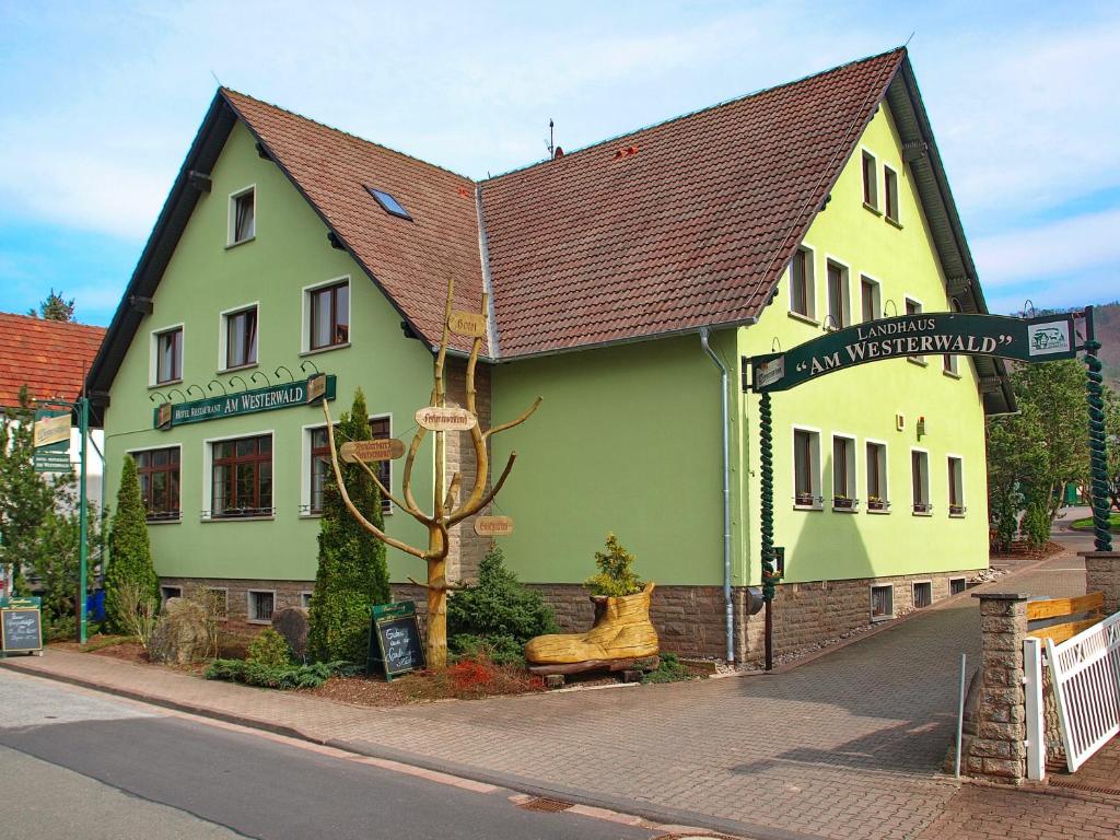a yellow and green building on the side of a street at Landhaus Am Westerwald in Martinfeld