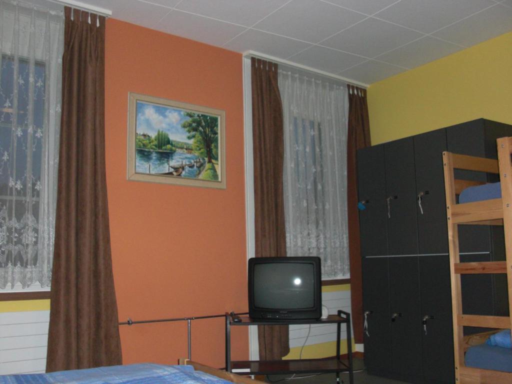 una camera da letto con pareti arancioni, TV e letto di Back-Packer Federnhut a Schaffhausen