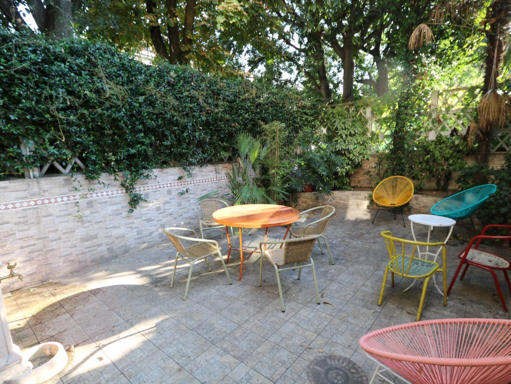 a group of chairs and tables in a patio at Grand Hostel Coconut in Milan