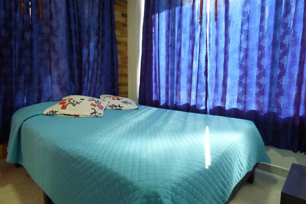 a bed with two pillows in front of blue curtains at Hotel La Avenida in Choachí