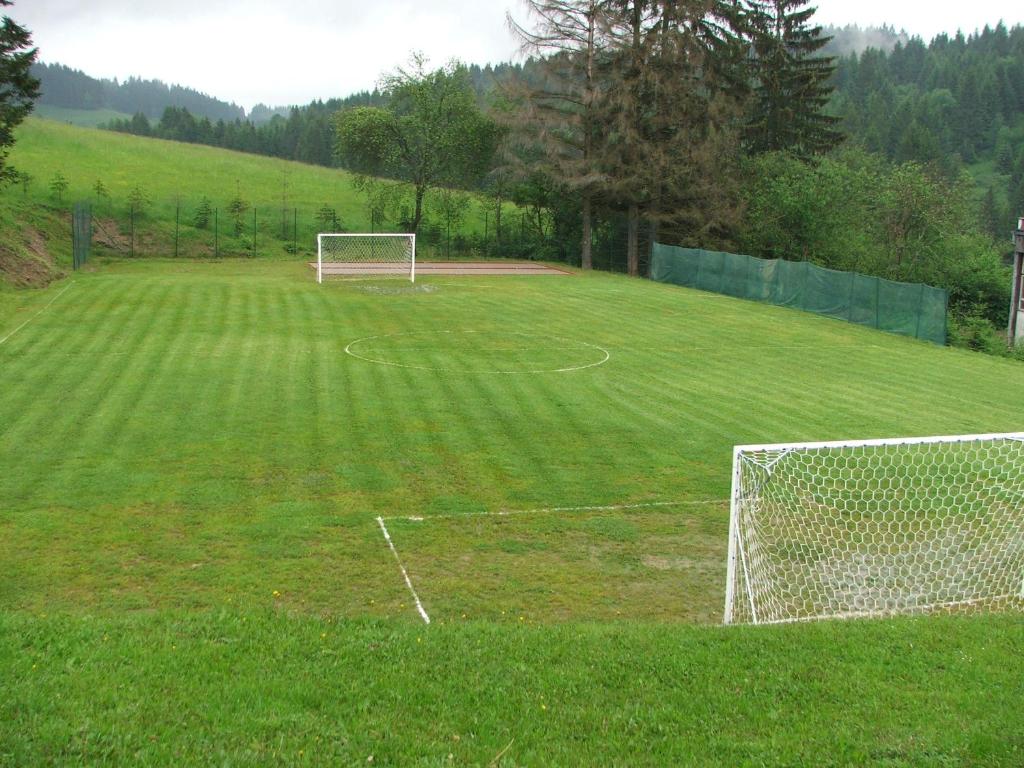 a soccer field with a goal in the grass at Holiday Park Orava - Hotel Orava in Dolný Kubín