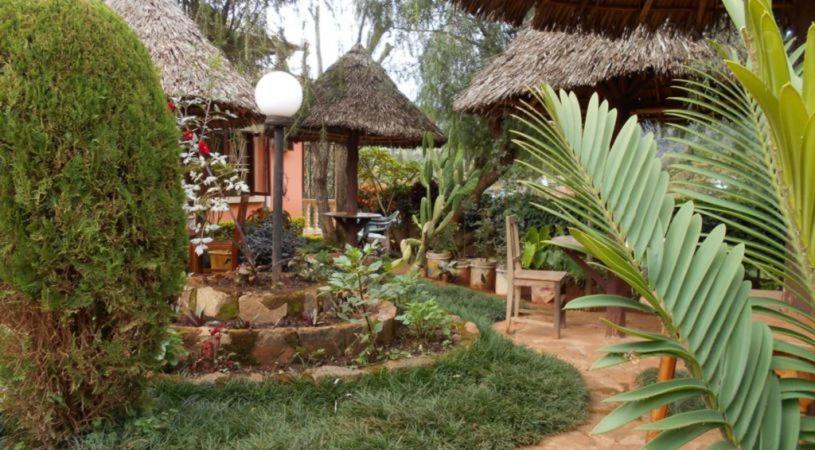 a garden with a house with a thatch roof at Kialilo Green Garden Motel in Lushoto