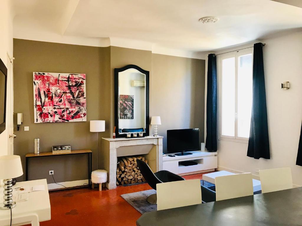 un salon avec une cheminée et une télévision dans l'établissement Appartement coeur historique Aix, à Aix-en-Provence