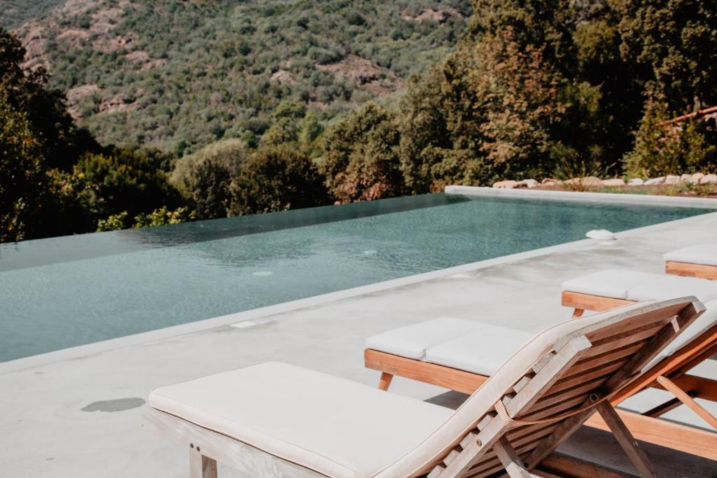 - une piscine avec 2 chaises longues à côté de la piscine dans l'établissement L'Aiglon, à Serriera