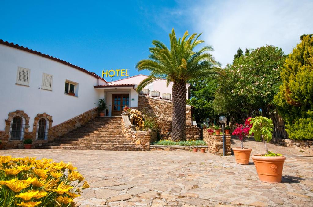 a house with a palm tree in front of it at Hotel L'Aragosta in La Caletta