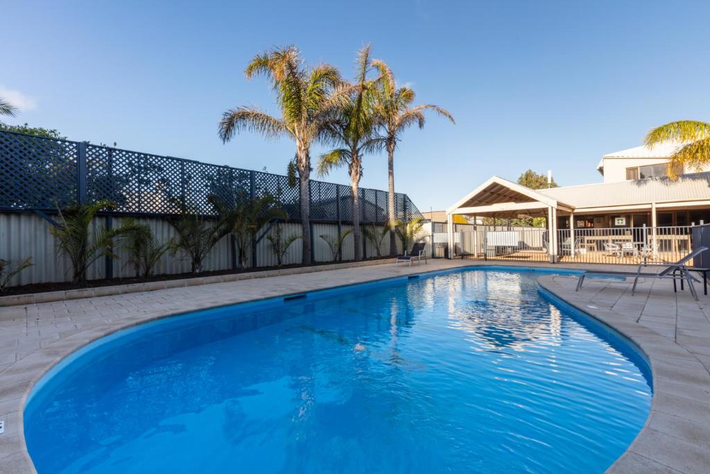 a large blue swimming pool with palm trees at Sails Geraldton Accommodation in Geraldton