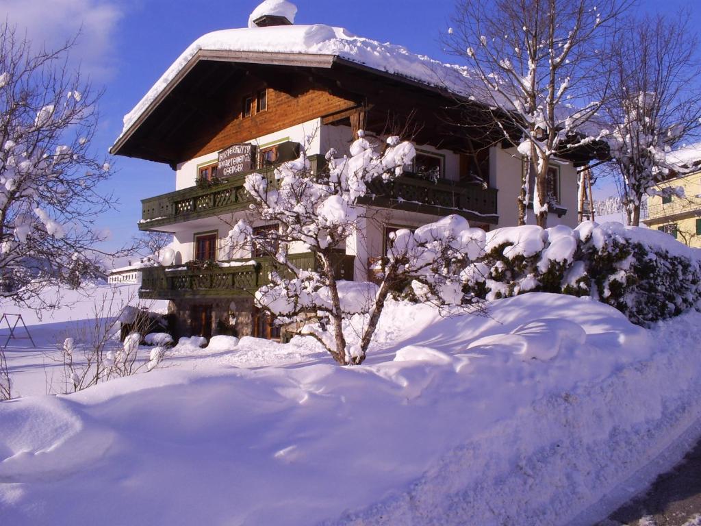 a snow covered house with a tree in front of it at Ferienhaus Hirterhütte in Abtenau
