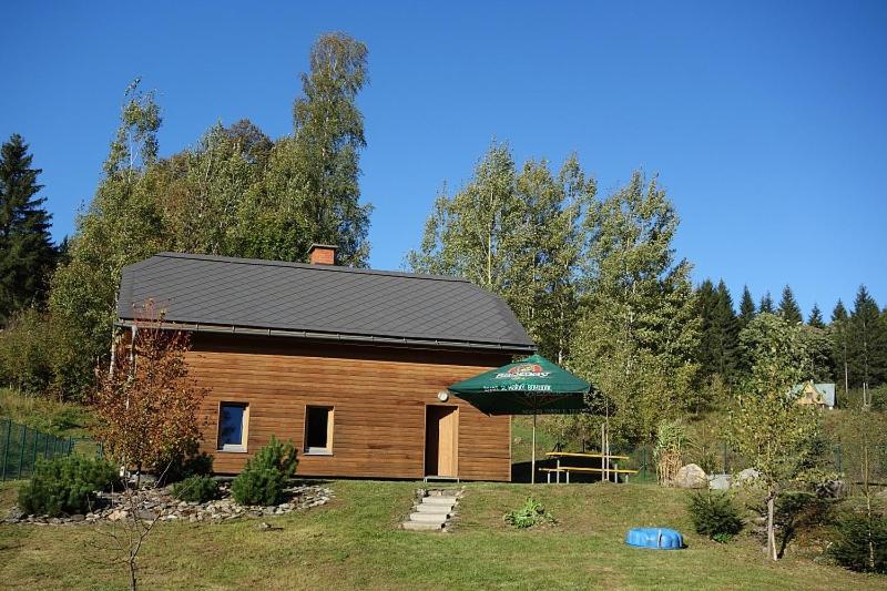 a wooden cabin with a black roof in a yard at Chata Brigit in Vrbno pod Pradědem