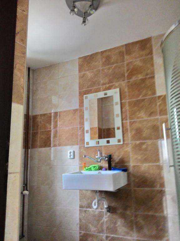 ein Bad mit einem Waschbecken und einem Spiegel in der Unterkunft Kanada Inn u Klínovce in Vejprty