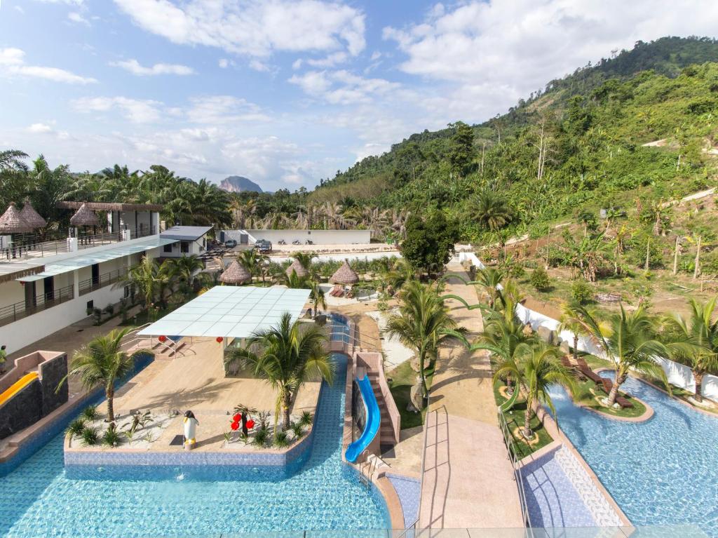 an aerial view of the water park at the resort at Rock Mountain in Raub