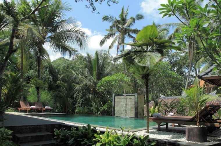 einen Pool in einem Resort mit Palmen in der Unterkunft Igna Bungalows in Ubud