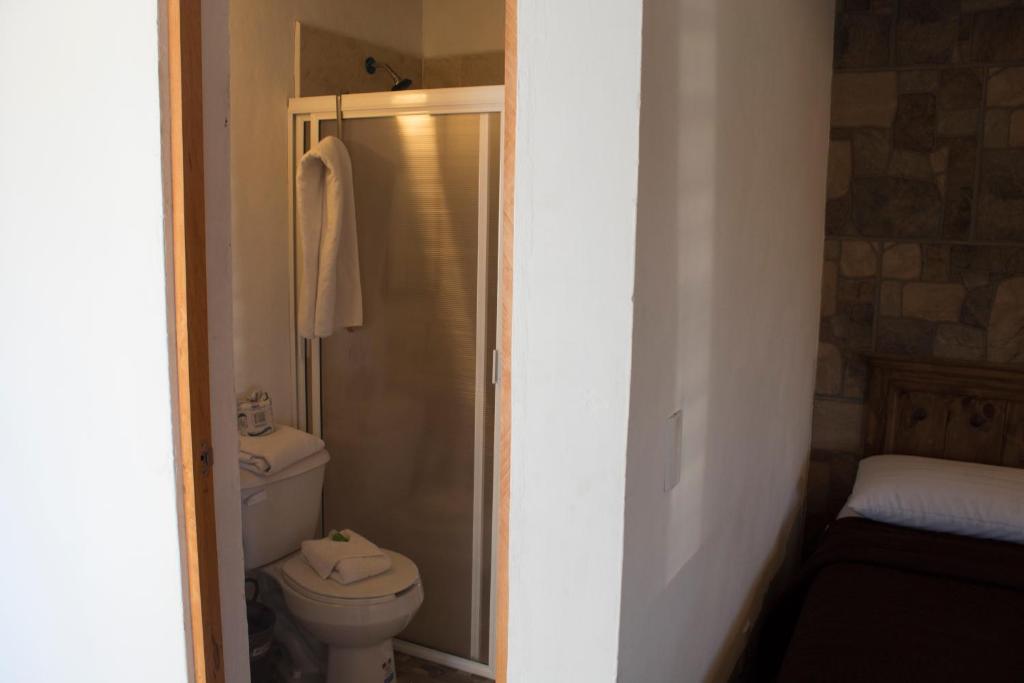 un baño con inodoro y ducha en Venados Inn, en Mazatlán