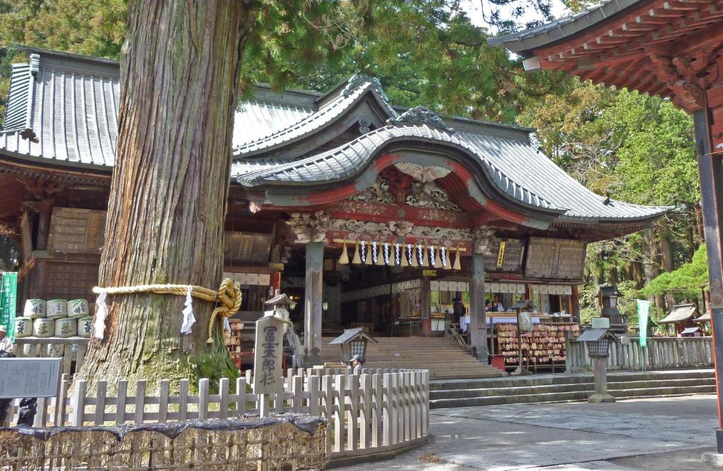 un temple asiatique avec un arbre devant lui dans l'établissement Yamagisi Ryokan, à Fujikawaguchiko