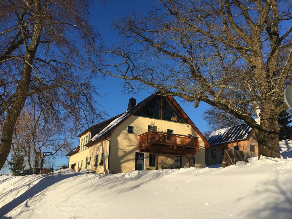 a house with a balcony in the snow at Ferienwohnung Lämpelberg in Klingenthal