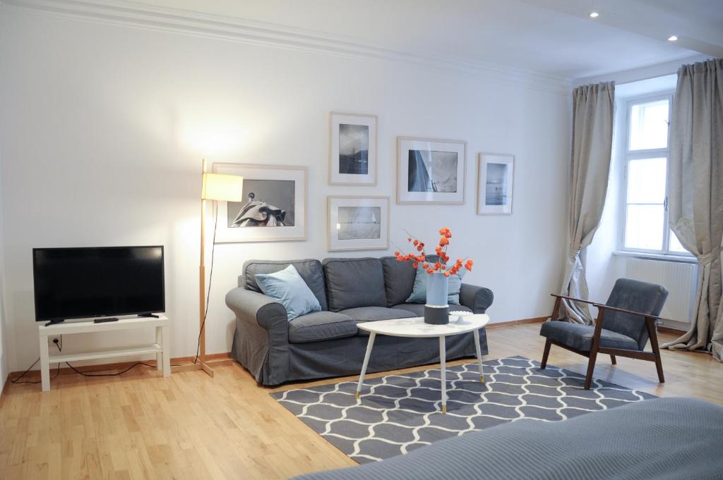 City Center Apartment في فيينا: غرفة معيشة مع أريكة وتلفزيون