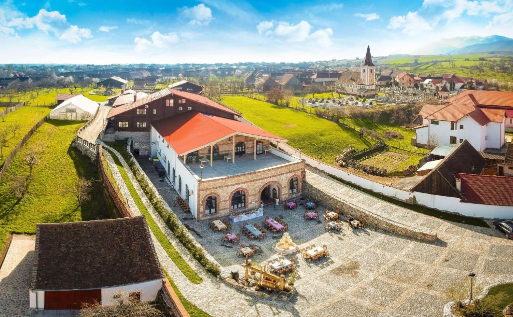 an aerial view of a building in a village at Conacul Maria Theresa in Orlat