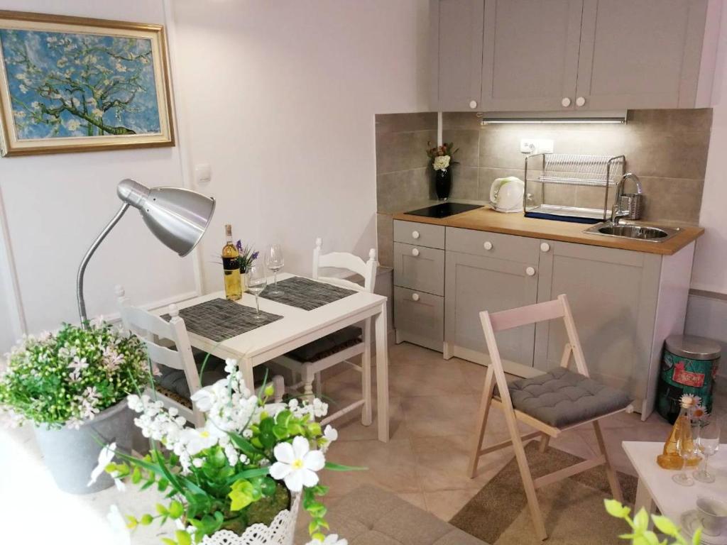a small kitchen with a table and chairs in a kitchen at Apartman Unka in Metković