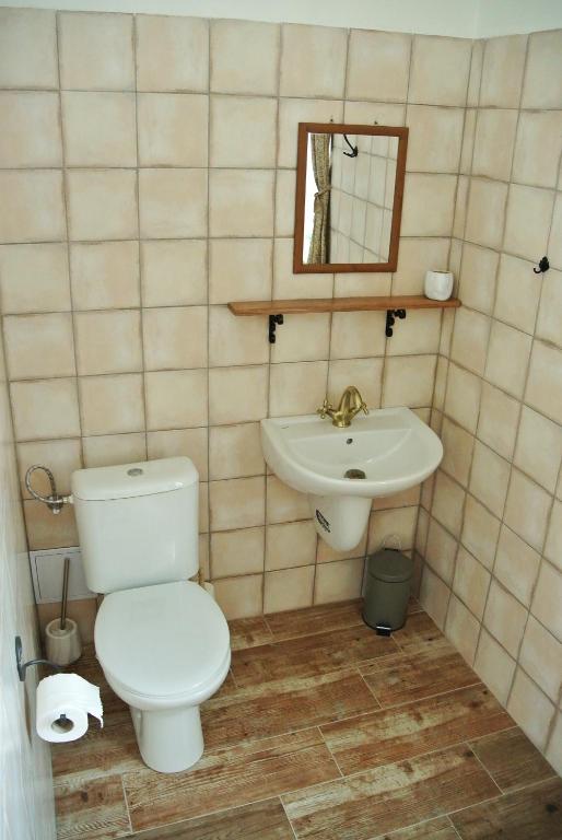 łazienka z toaletą i umywalką w obiekcie Restaurace a penzion Ubrousku prostři se w mieście Nová Bystřice