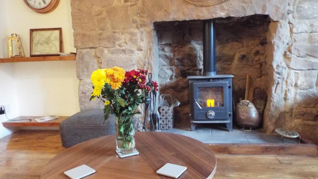 a vase of flowers on a table with a wood stove at Turner Cottage in Norham