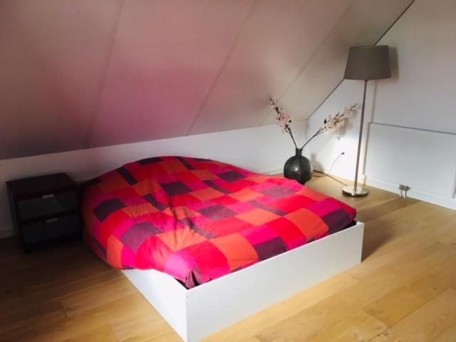 a bedroom with a bed with a red and black blanket at Slaapplaatsen 2-4 personen voor bezoek DTRH of Goffertconcert Bruce Springsteen-Rammstein in Beuningen