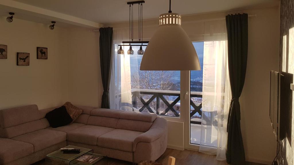 - un salon avec un canapé et une grande fenêtre dans l'établissement Apartman Jovanovic Kopaonik, à Kopaonik
