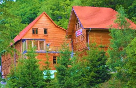 una gran casa de madera con techo rojo en Waldhaus Altenbrak en Altenbrak