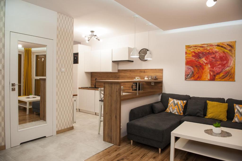 uma sala de estar com um sofá e uma cozinha em Apartament Smolna - Zawady em Poznań