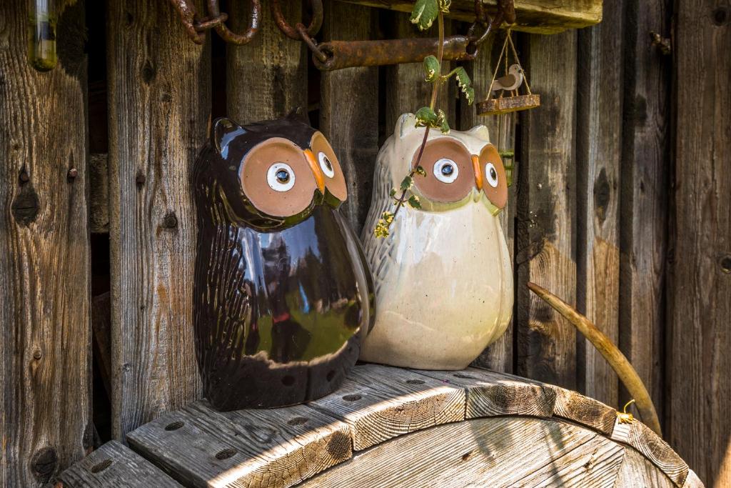 two owl vases sitting on top of a barrel at Urbangut in Sankt Michael im Lungau
