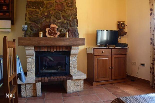 sala de estar con chimenea de piedra y TV en Los Ayales, en Huelamos