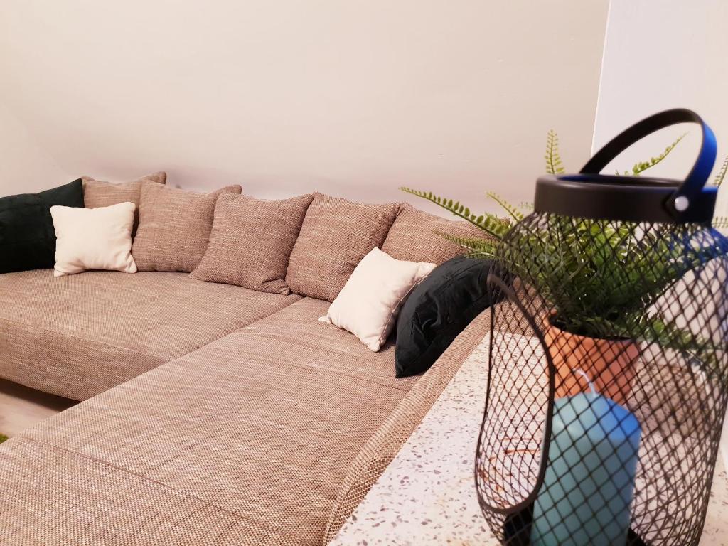 ein Wohnzimmer mit einem Sofa und einer Topfpflanze in der Unterkunft 25mn to HH-2BR Kitchen&Netflix in Elmshorn