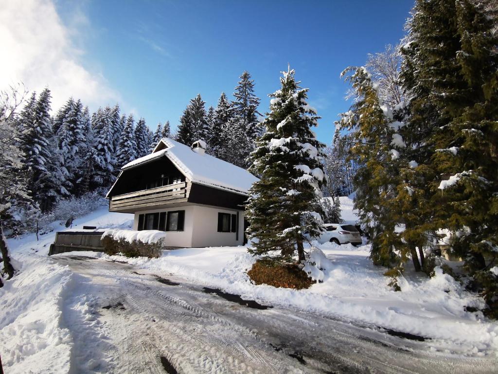 ein schneebedecktes Haus mit Bäumen und einer Straße in der Unterkunft Holiday Home Davča in Cerkno