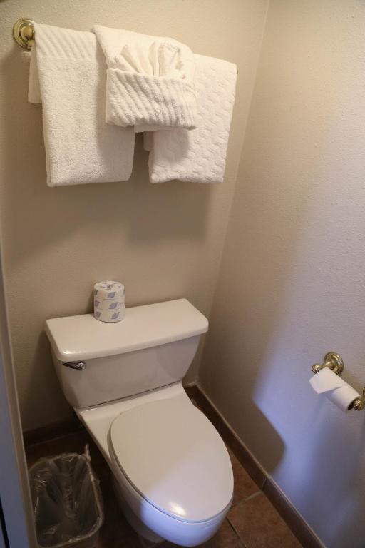 a bathroom with a white toilet and towels at Destiny Palms Hotel Maingate West in Kissimmee