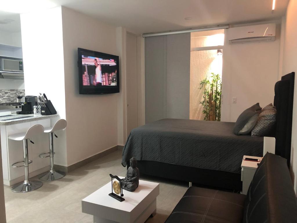 sypialnia z łóżkiem i telewizorem na ścianie w obiekcie New Modern Studio w mieście Buga