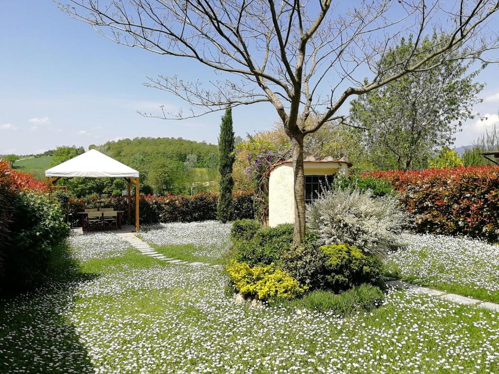 un jardín con flores blancas y una sombrilla blanca en Mugello Tuscany Bosso di Sopra, en Borgo San Lorenzo