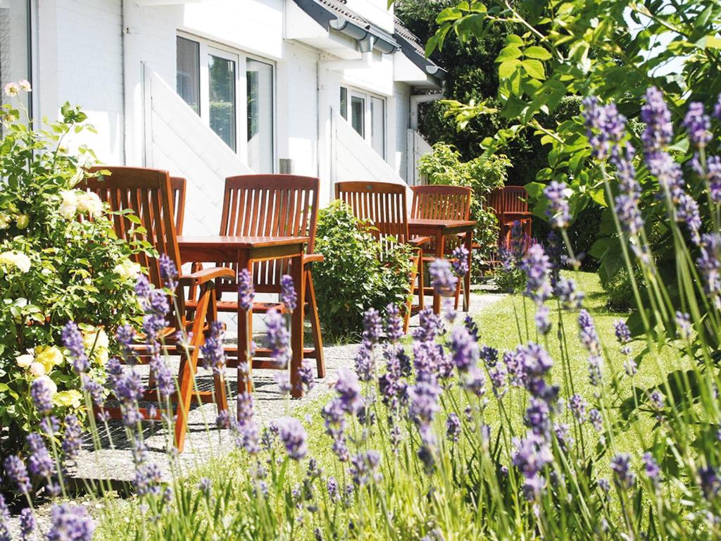 a row of wooden chairs in a garden with purple flowers at Haus Südwind in Büsum